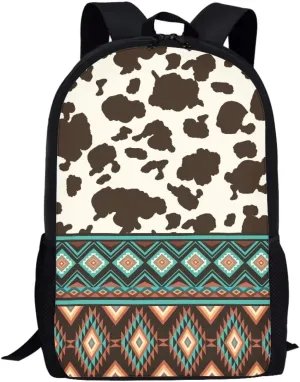 Cute Backpack for Girls 17 Inch Bookbag Comfy Padded Lightweight Brown Tribal Aztec Cow Backpacks for Girls Kids Student Personalized Durable Large Capacity Travel Daily School Bag
