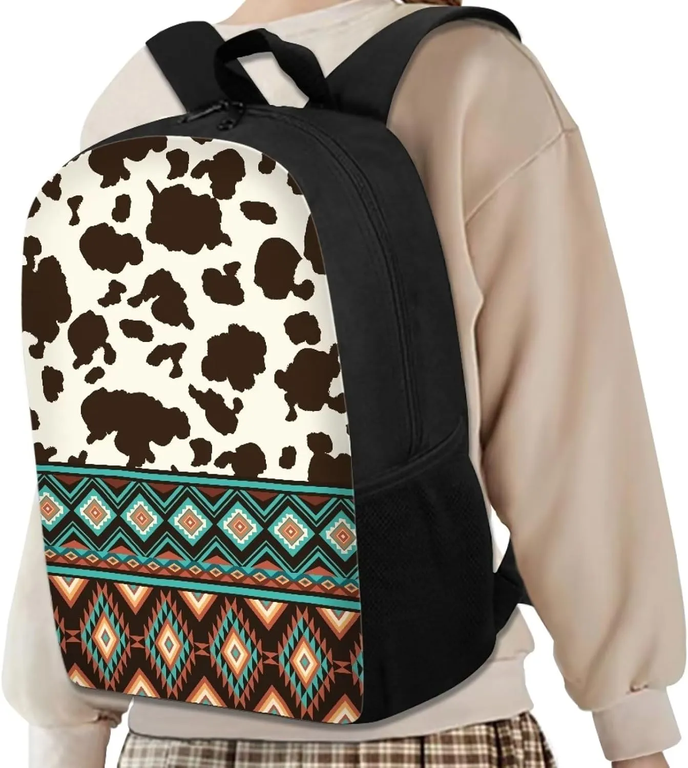 Cute Backpack for Girls 17 Inch Bookbag Comfy Padded Lightweight Brown Tribal Aztec Cow Backpacks for Girls Kids Student Personalized Durable Large Capacity Travel Daily School Bag