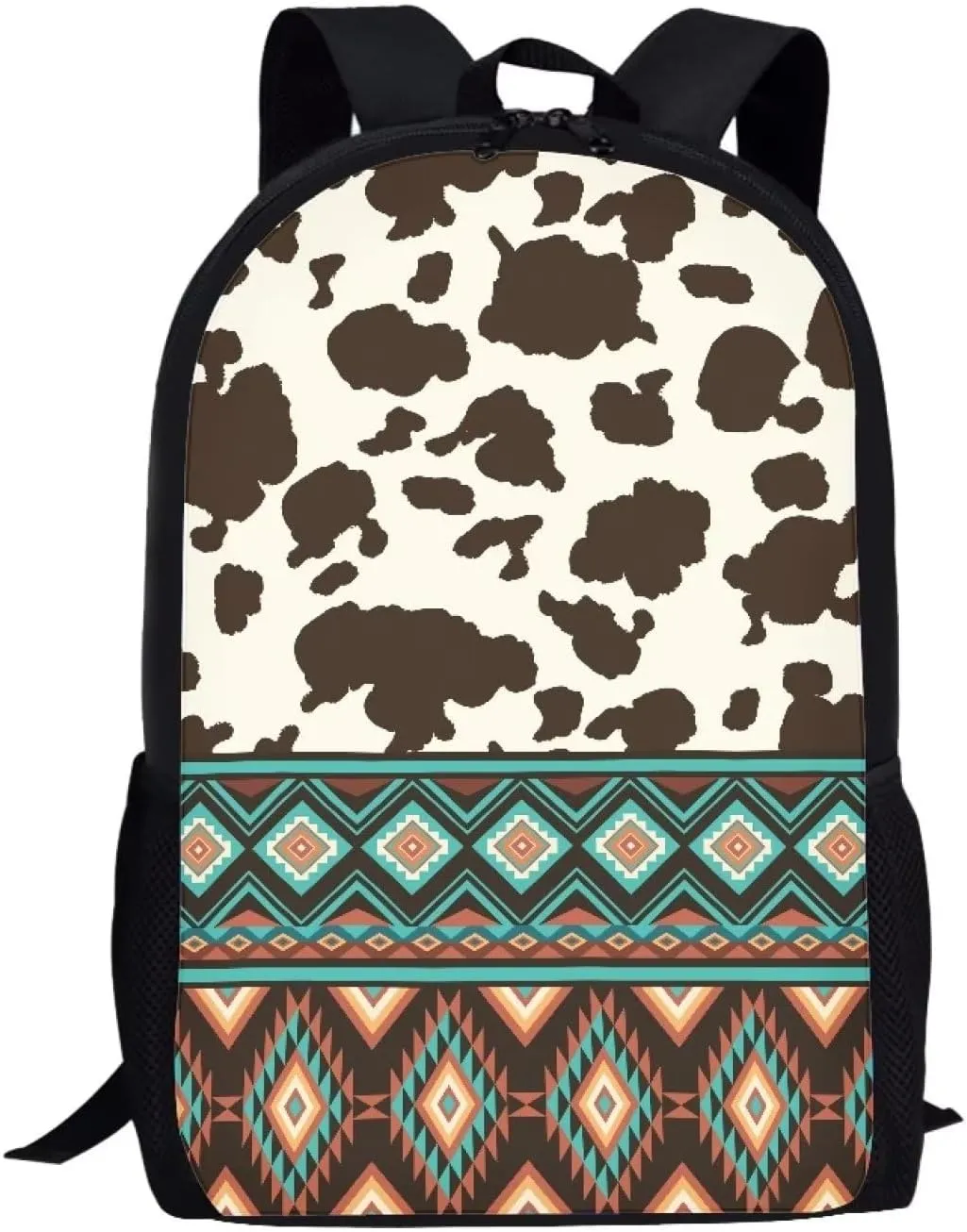 Cute Backpack for Girls 17 Inch Bookbag Comfy Padded Lightweight Brown Tribal Aztec Cow Backpacks for Girls Kids Student Personalized Durable Large Capacity Travel Daily School Bag