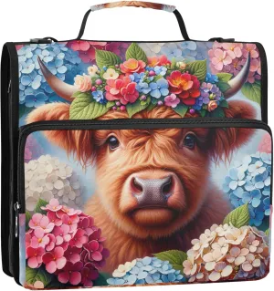 Cute Cow Floral Calf 1 1/2 Inch 3 Ring Binders D Ring Binder Zipper Organizer School Binder Bag with Shoulder Strap Big Storage Portfolio Folder with Handle