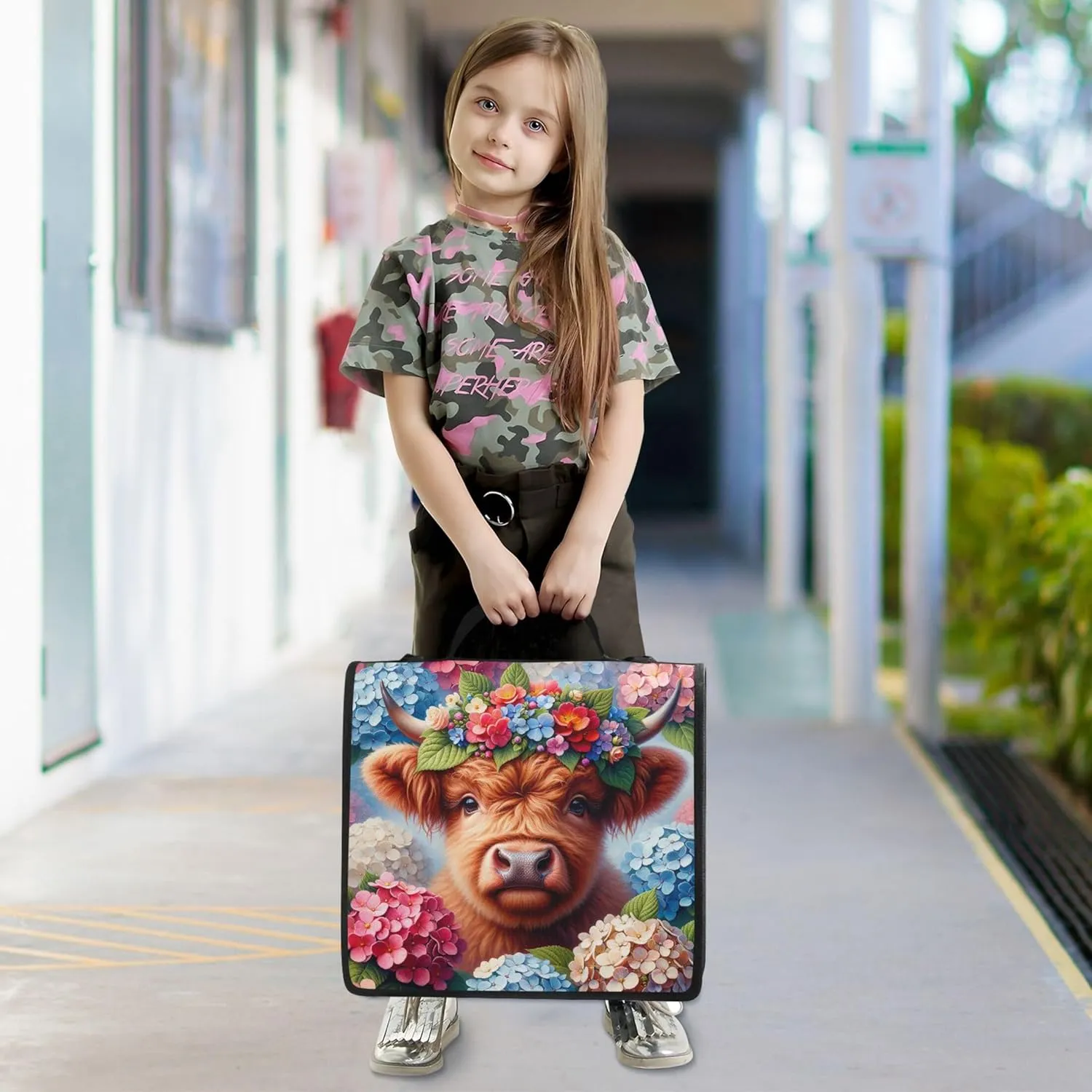 Cute Cow Floral Calf 1 1/2 Inch 3 Ring Binders D Ring Binder Zipper Organizer School Binder Bag with Shoulder Strap Big Storage Portfolio Folder with Handle