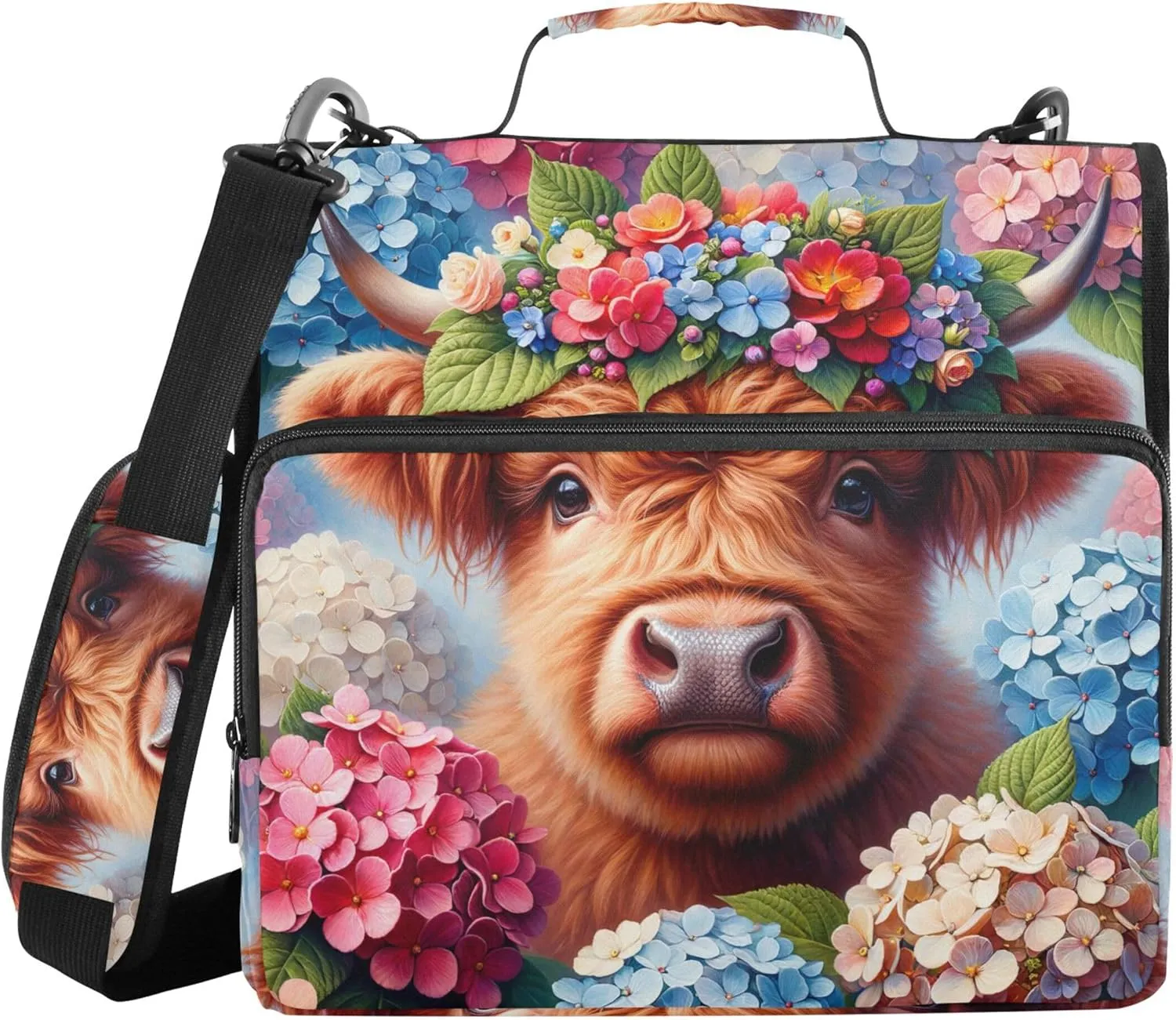 Cute Cow Floral Calf 1 1/2 Inch 3 Ring Binders D Ring Binder Zipper Organizer School Binder Bag with Shoulder Strap Big Storage Portfolio Folder with Handle