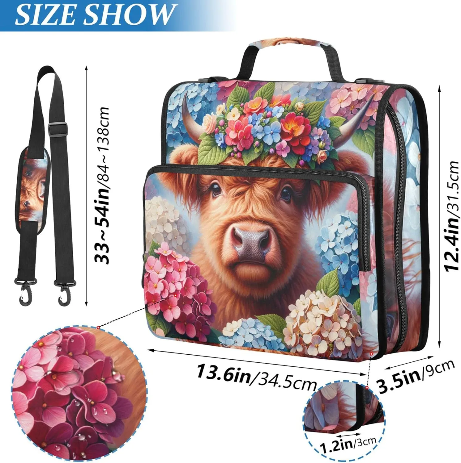 Cute Cow Floral Calf 1 1/2 Inch 3 Ring Binders D Ring Binder Zipper Organizer School Binder Bag with Shoulder Strap Big Storage Portfolio Folder with Handle
