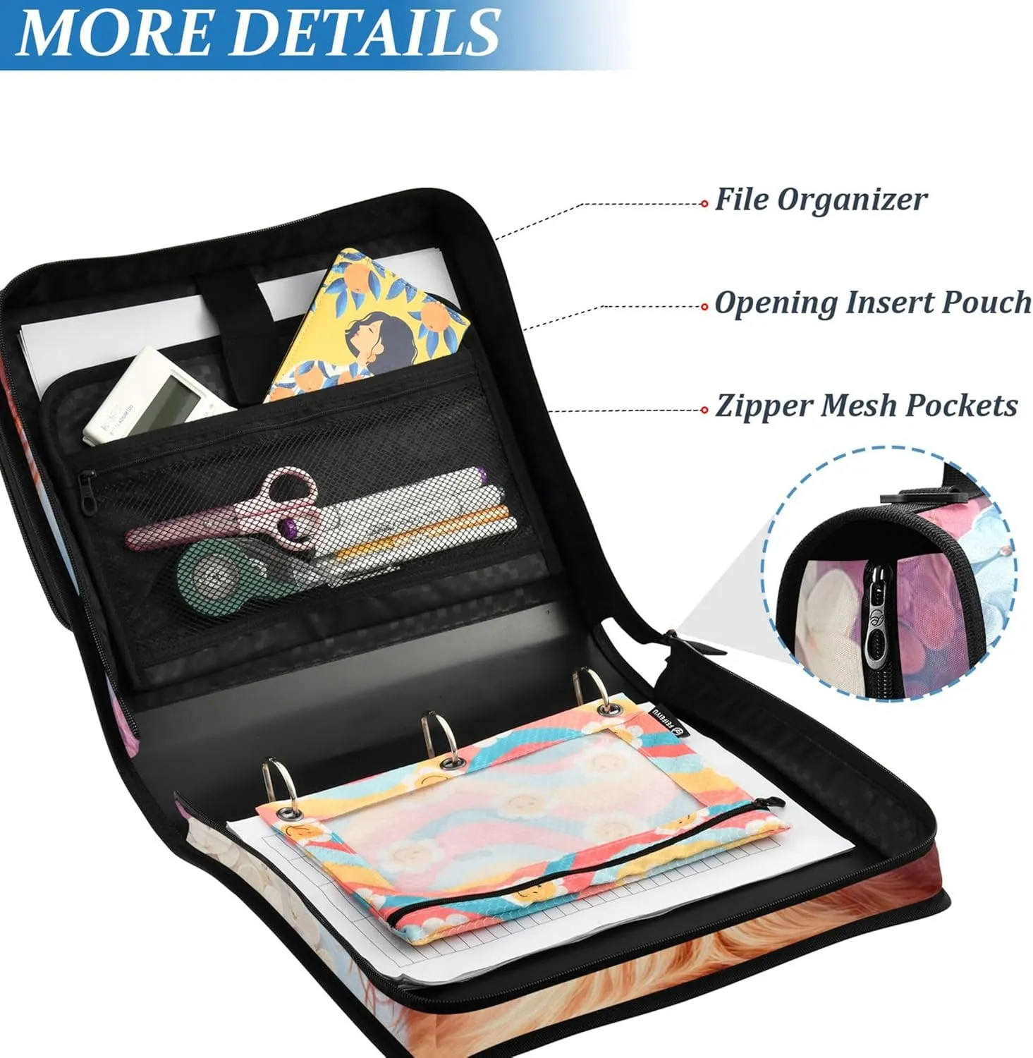 Cute Cow Floral Calf 1 1/2 Inch 3 Ring Binders D Ring Binder Zipper Organizer School Binder Bag with Shoulder Strap Big Storage Portfolio Folder with Handle