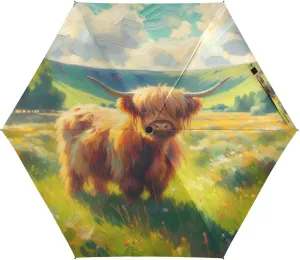 Cute Highland Cow Umbrellas for Rain Impressionistic Travel Umbrella Windproof Small Folding Compact Mini Umbrella for Purse Lightweight Portable Pocket for Women