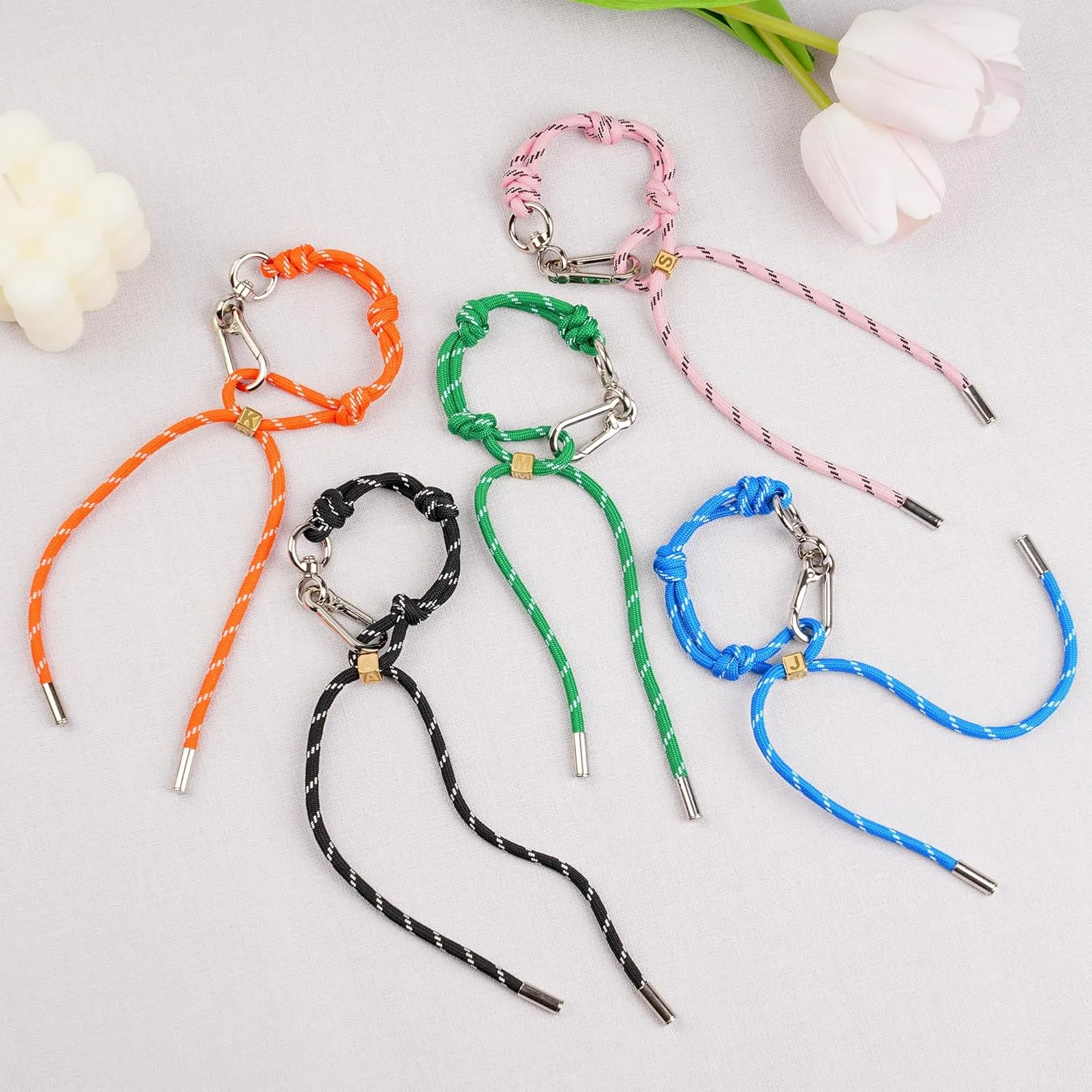 Cute Initials Charm Rope Keychain for Women Men Carabiner Knot Lanyard Keyring, Charms for Purse Handbag Backpacks