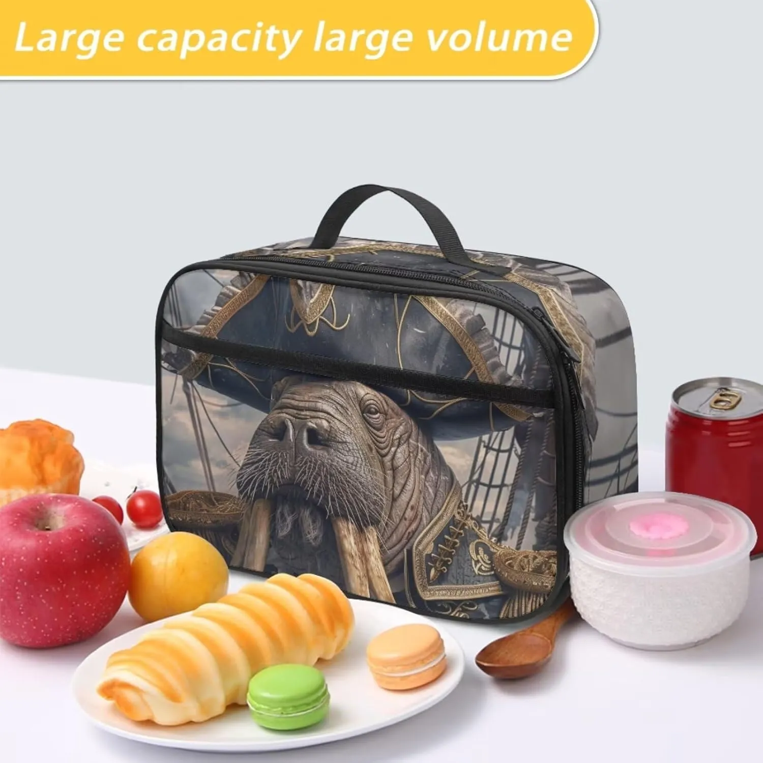 Cute Lunch Bag for Girls Boys Cool Walrus Lunch Boxes for School Picnic Beach Travel Compact Lightweight Insulated Lunchbox with Pocket Bento Box Bag