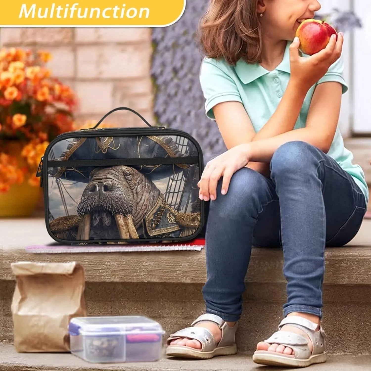 Cute Lunch Bag for Girls Boys Cool Walrus Lunch Boxes for School Picnic Beach Travel Compact Lightweight Insulated Lunchbox with Pocket Bento Box Bag