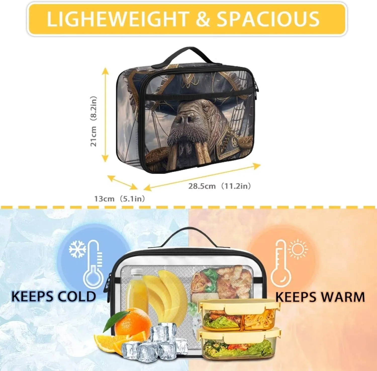 Cute Lunch Bag for Girls Boys Cool Walrus Lunch Boxes for School Picnic Beach Travel Compact Lightweight Insulated Lunchbox with Pocket Bento Box Bag