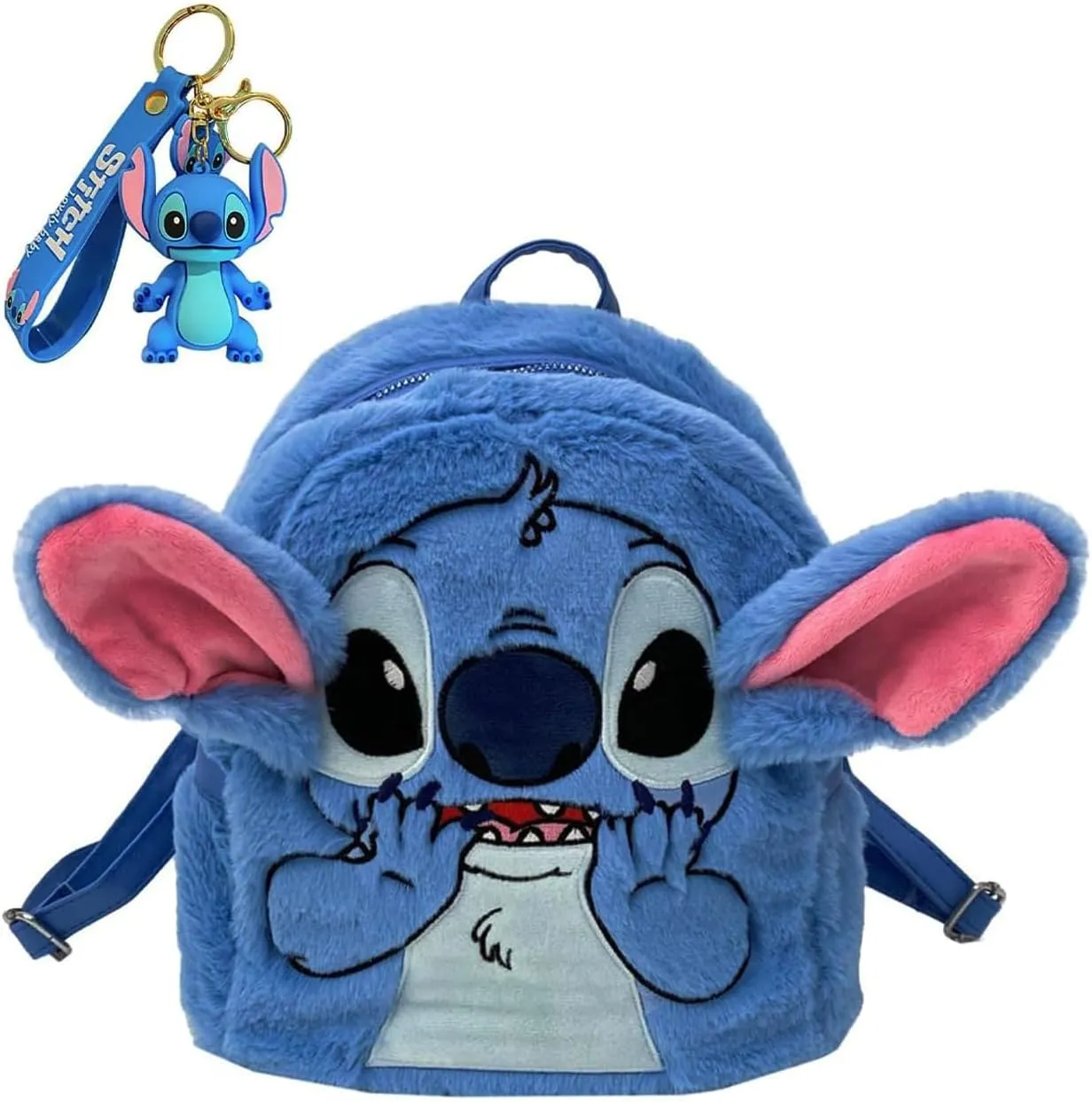Cute Mini Plush Cartoon Backpack With Keychain Blue Furry Small Double Strap Shoulder Bag
