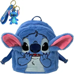 Cute Mini Plush Cartoon Backpack With Keychain Blue Furry Small Double Strap Shoulder Bag
