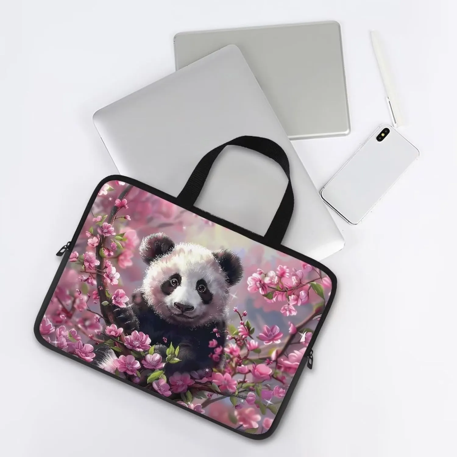 Cute Panda Flowers Pattern Laptop Bag 10-17 Inch Laptop Case Computer Carrying Case Laptop Sleeve Bag for Girl Women(Pink)