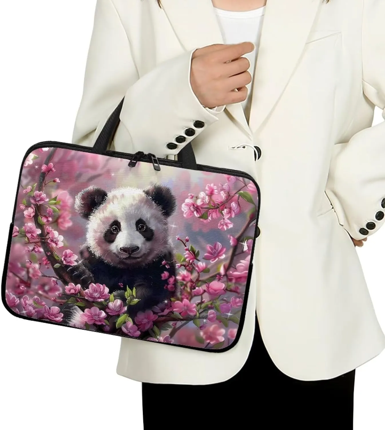 Cute Panda Flowers Pattern Laptop Bag 10-17 Inch Laptop Case Computer Carrying Case Laptop Sleeve Bag for Girl Women(Pink)