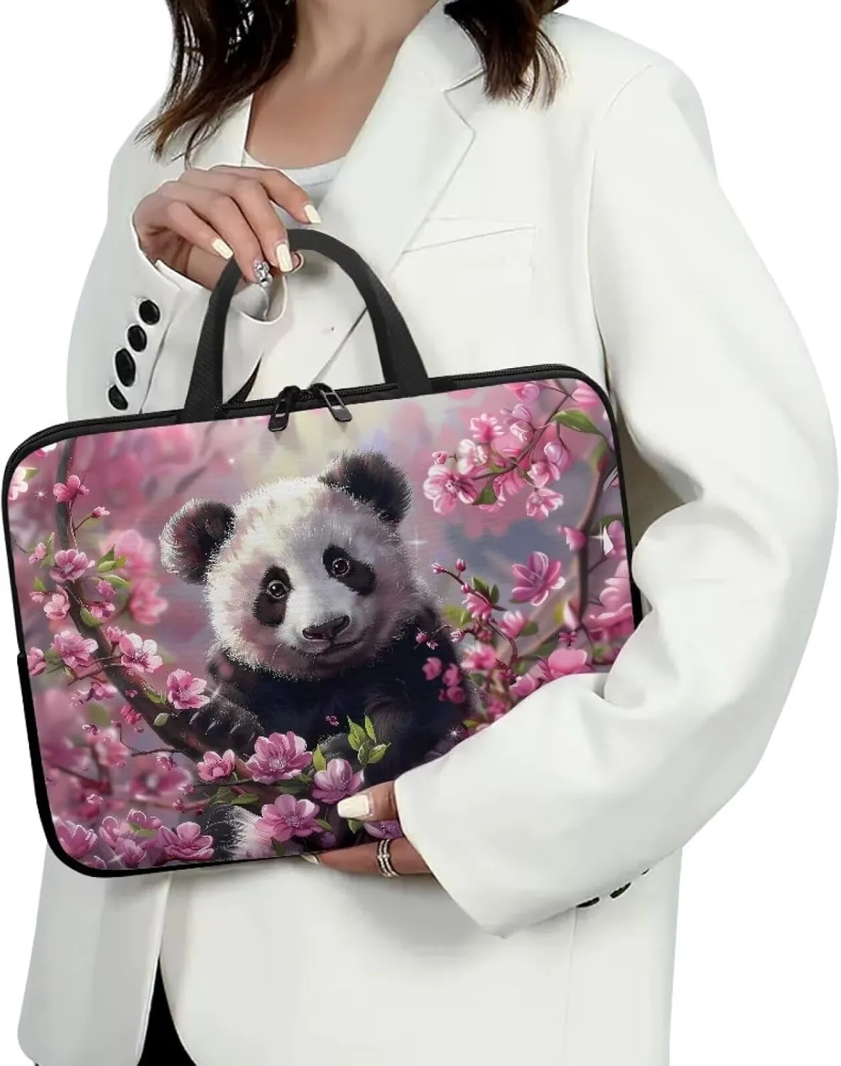 Cute Panda Flowers Pattern Laptop Bag 10-17 Inch Laptop Case Computer Carrying Case Laptop Sleeve Bag for Girl Women(Pink)