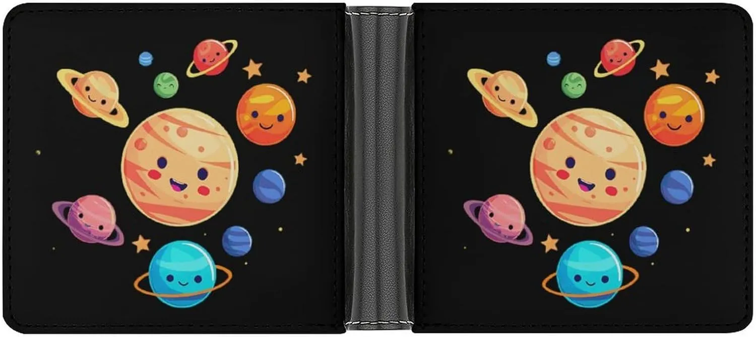 Cute Planets, Solar System, Space Cosmos Galaxy PU Leather Wallet Slim Bifold Wallet Mini Pocket Purse for Unisex