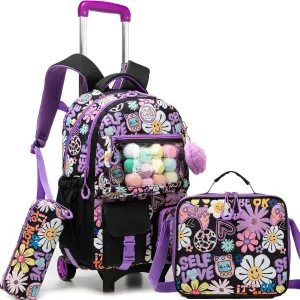 Cute Rolling Backpacks with Wheels for Girls Aesthetic Rolling Backpack for Elementary with Lunch Box School Trolley Backpack for Girls School Supplies