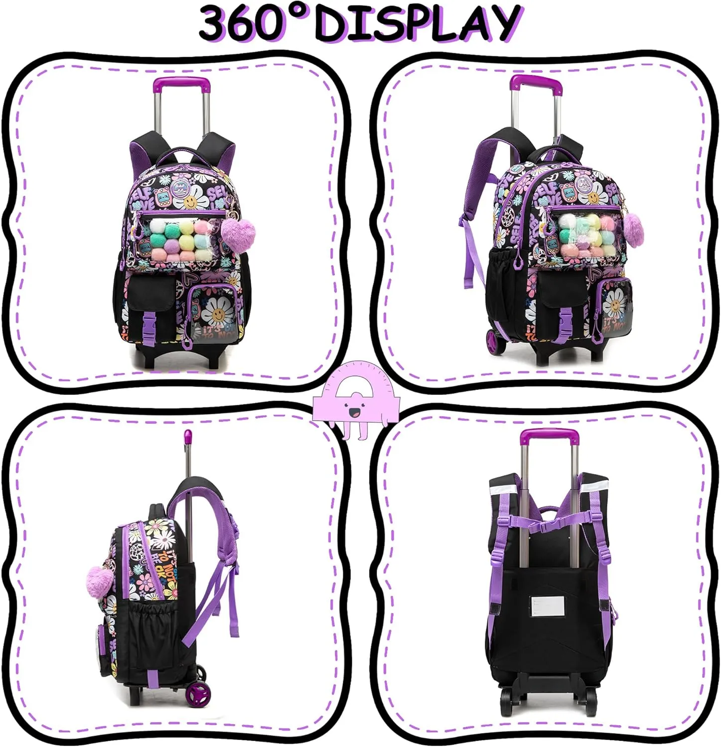 Cute Rolling Backpacks with Wheels for Girls Aesthetic Rolling Backpack for Elementary with Lunch Box School Trolley Backpack for Girls School Supplies