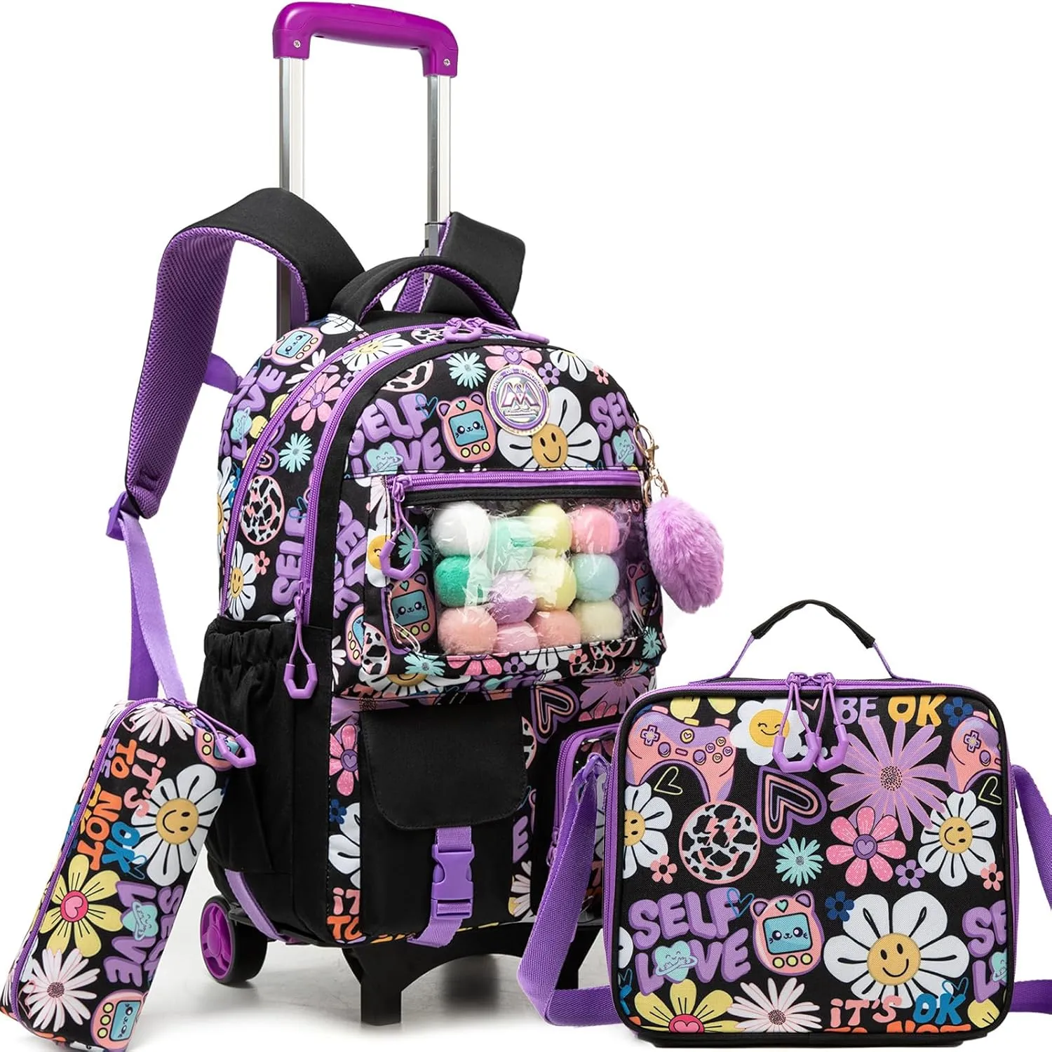 Cute Rolling Backpacks with Wheels for Girls Aesthetic Rolling Backpack for Elementary with Lunch Box School Trolley Backpack for Girls School Supplies