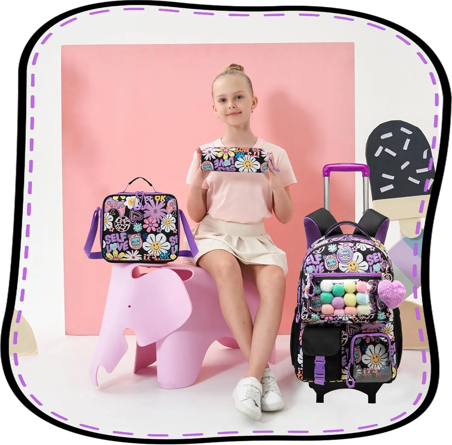 Cute Rolling Backpacks with Wheels for Girls Aesthetic Rolling Backpack for Elementary with Lunch Box School Trolley Backpack for Girls School Supplies