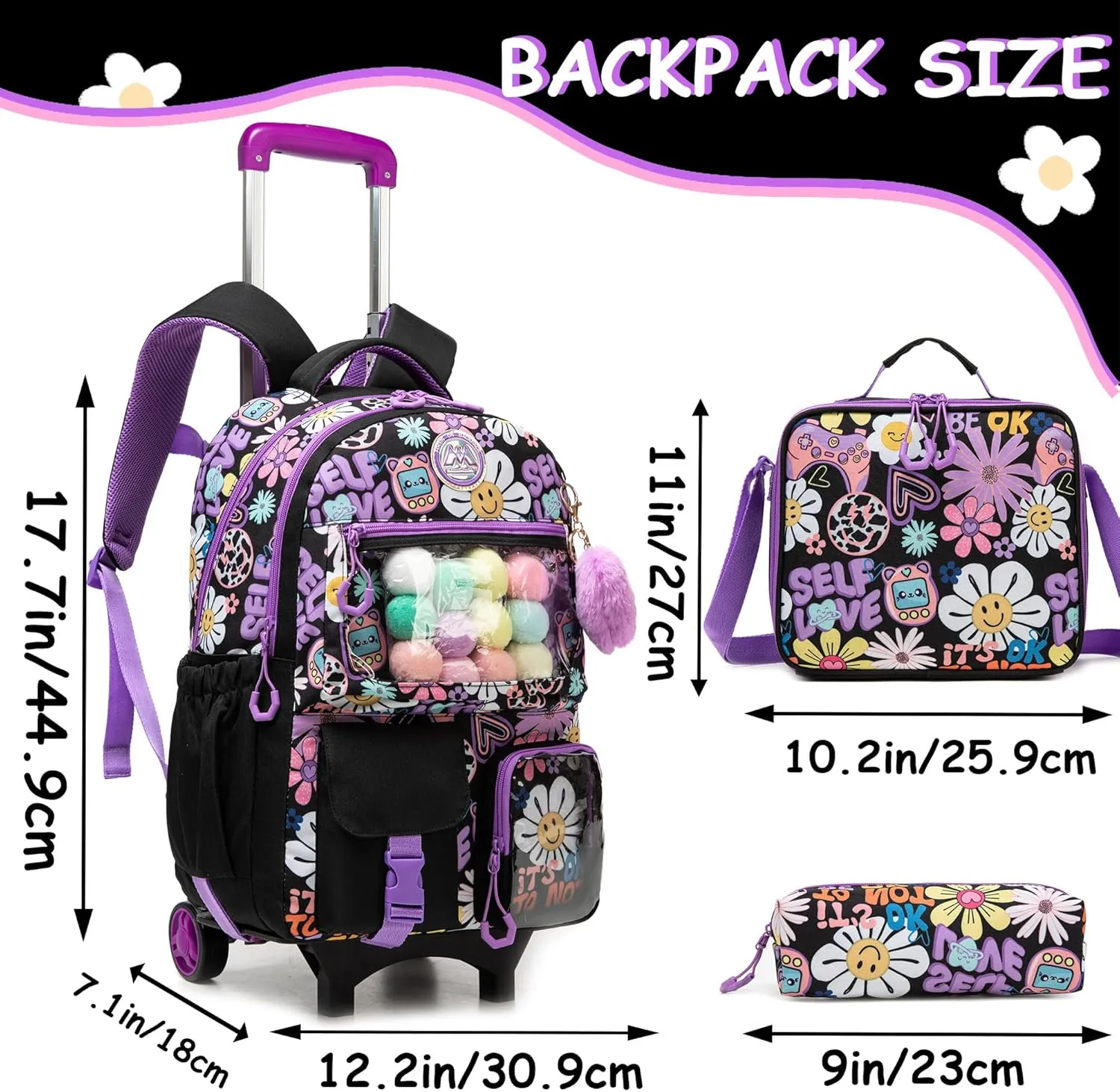 Cute Rolling Backpacks with Wheels for Girls Aesthetic Rolling Backpack for Elementary with Lunch Box School Trolley Backpack for Girls School Supplies