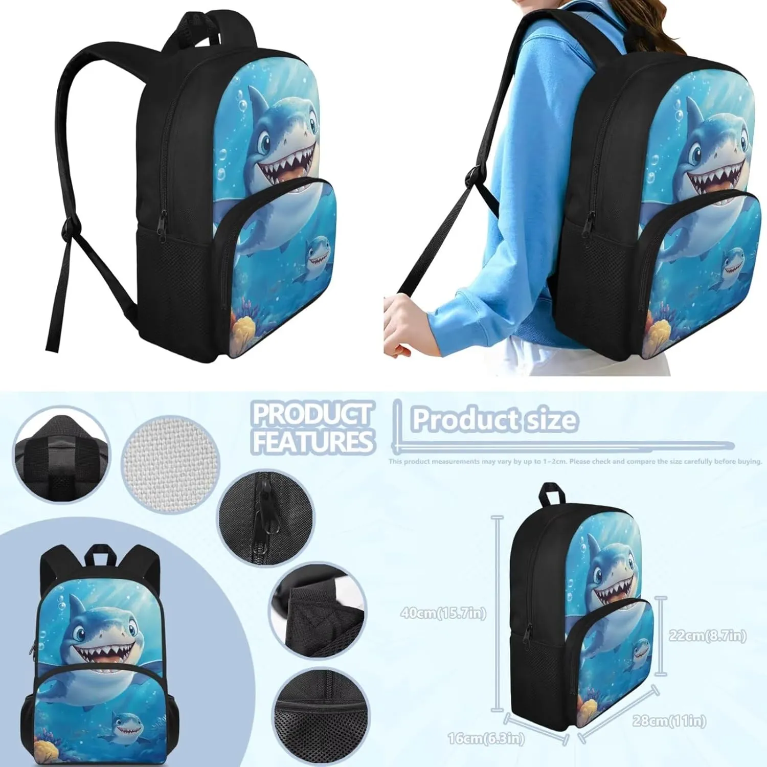 Cute Shark Kids School Backpack,15" Cartoon Schoolbag 3 Piece Lightweight Ruggedly Reinforced Shoulder Book Bag for Boys Large Capacity Back to School Children Supplies Birthday