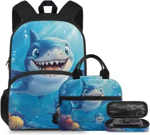 Cute Shark Kids School Backpack,15" Cartoon Schoolbag 3 Piece Lightweight Ruggedly Reinforced Shoulder Book Bag for Boys Large Capacity Back to School Children Supplies Birthday