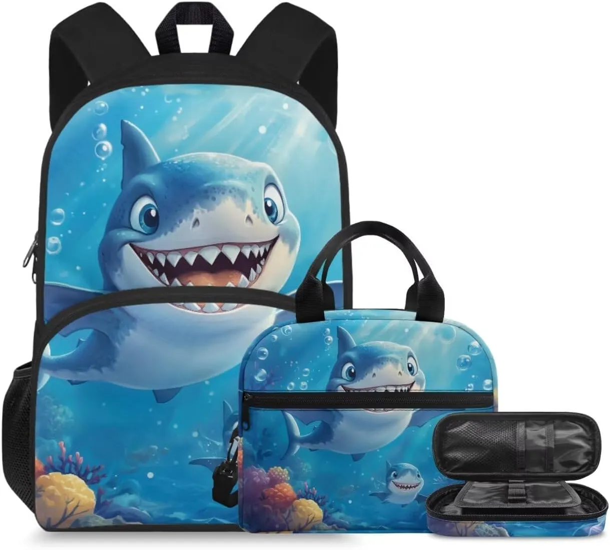Cute Shark Kids School Backpack,15" Cartoon Schoolbag 3 Piece Lightweight Ruggedly Reinforced Shoulder Book Bag for Boys Large Capacity Back to School Children Supplies Birthday