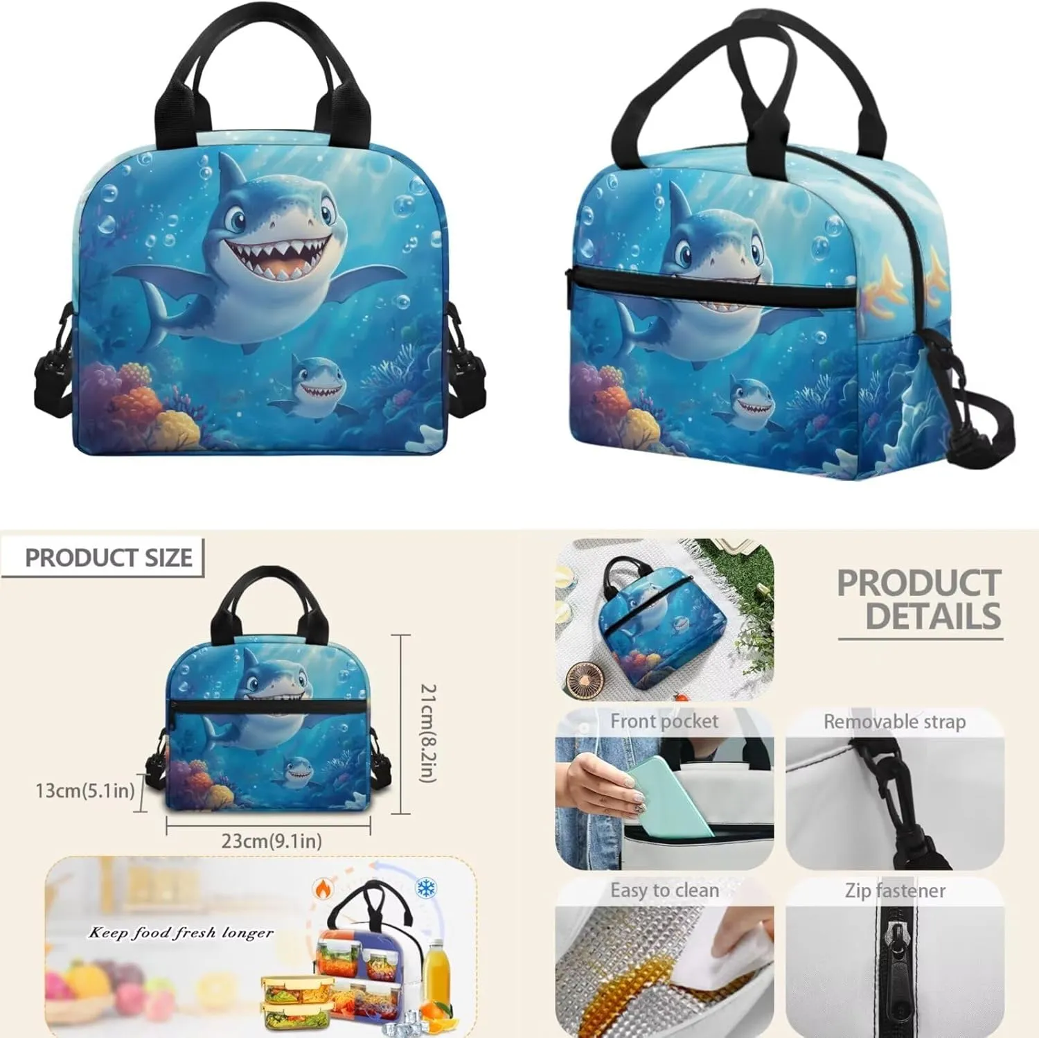 Cute Shark Kids School Backpack,15" Cartoon Schoolbag 3 Piece Lightweight Ruggedly Reinforced Shoulder Book Bag for Boys Large Capacity Back to School Children Supplies Birthday