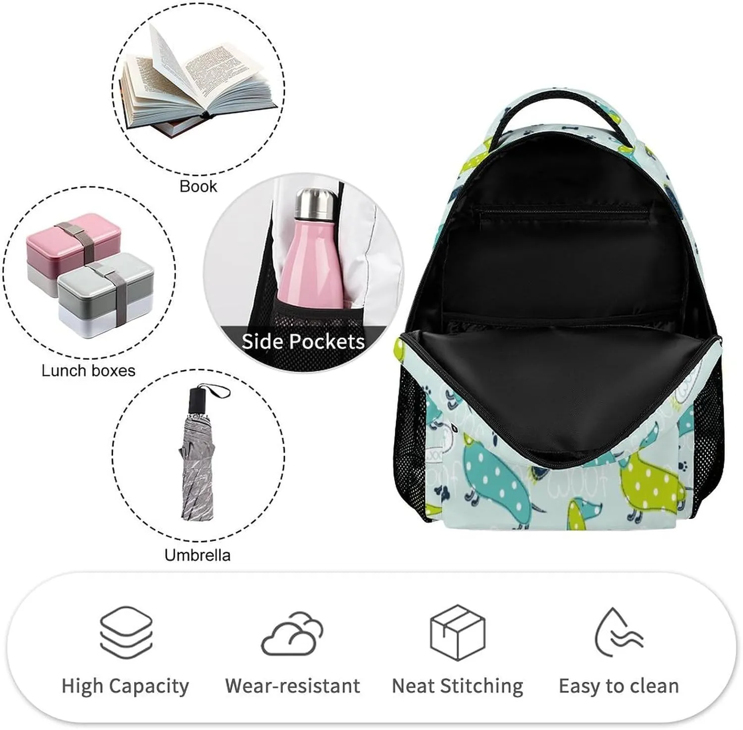 Dachshund Backpack for Kids Girls Boys School, 16 Inches Cute Dachshunds Dog Theme Bookbag, Adjustable, Lightweight, Large Capacity, Colorful Daily Casual Backpacks