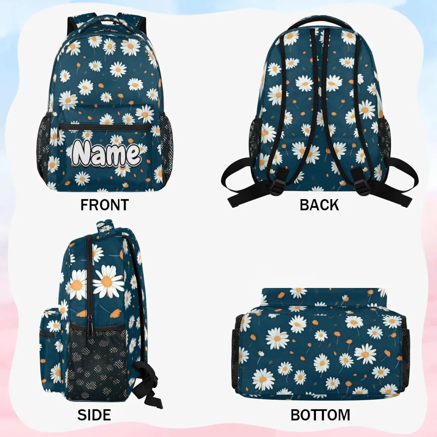 Daisy Flower Print Large Backpack Fashion Travel Backpacks for Business Women Men Casual Laptop Bag Waterproof Lightweight Shoulder Bags 16in