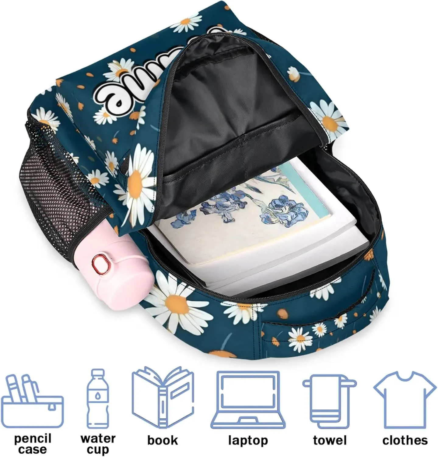 Daisy Flower Print Large Backpack Fashion Travel Backpacks for Business Women Men Casual Laptop Bag Waterproof Lightweight Shoulder Bags 16in
