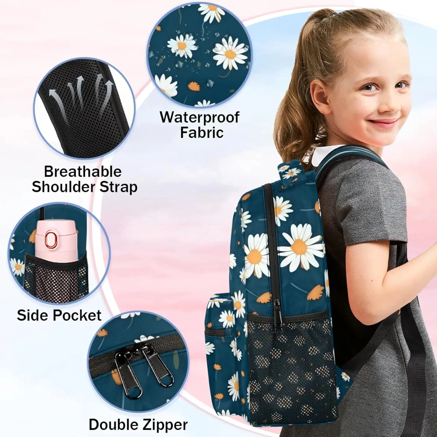 Daisy Flower Print Large Backpack Fashion Travel Backpacks for Business Women Men Casual Laptop Bag Waterproof Lightweight Shoulder Bags 16in