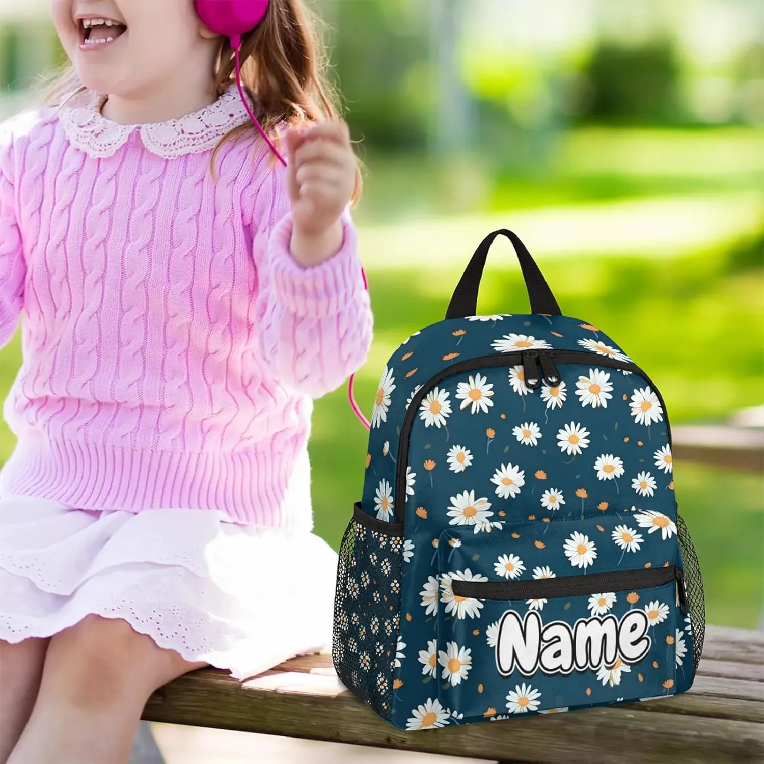 Daisy Flower Print Personalized Backpack Bag with Name Lightweight Custom Shoulder Bags Waterproof Casual Backpacks Travel Laptop Bag for Work Picnic 12in