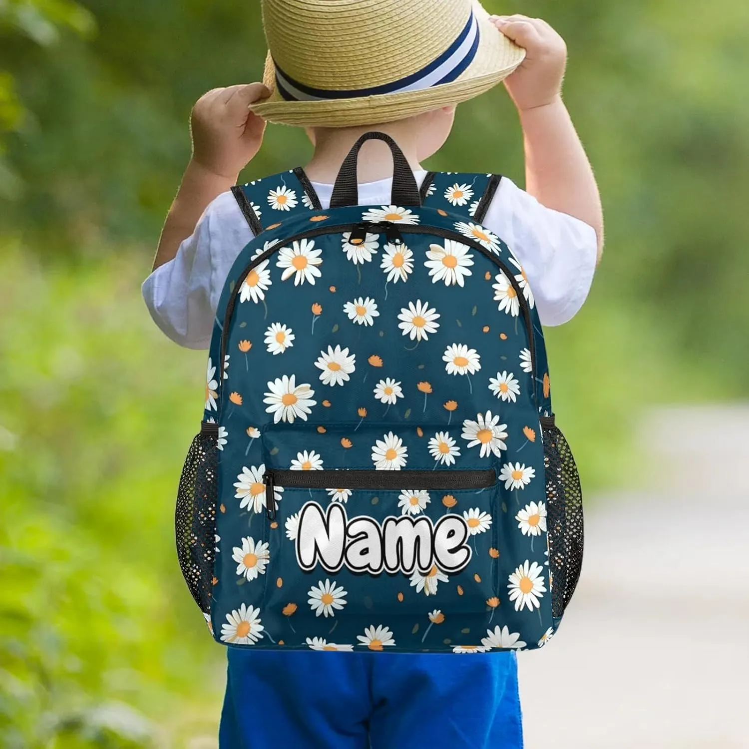 Daisy Flower Print Personalized Backpack Bag with Name Lightweight Custom Shoulder Bags Waterproof Casual Backpacks Travel Laptop Bag for Work Picnic 12in