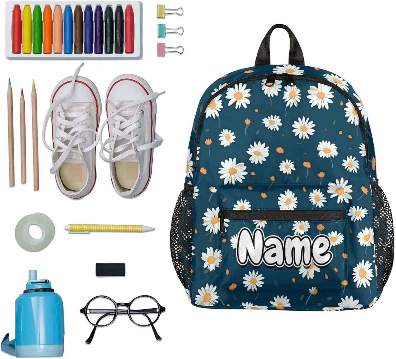 Daisy Flower Print Personalized Backpack Bag with Name Lightweight Custom Shoulder Bags Waterproof Casual Backpacks Travel Laptop Bag for Work Picnic 12in