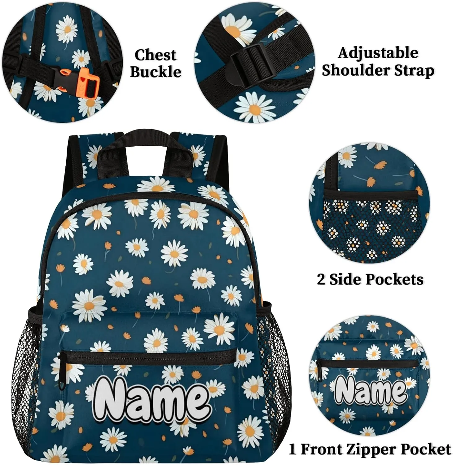 Daisy Flower Print Personalized Backpack Bag with Name Lightweight Custom Shoulder Bags Waterproof Casual Backpacks Travel Laptop Bag for Work Picnic 12in