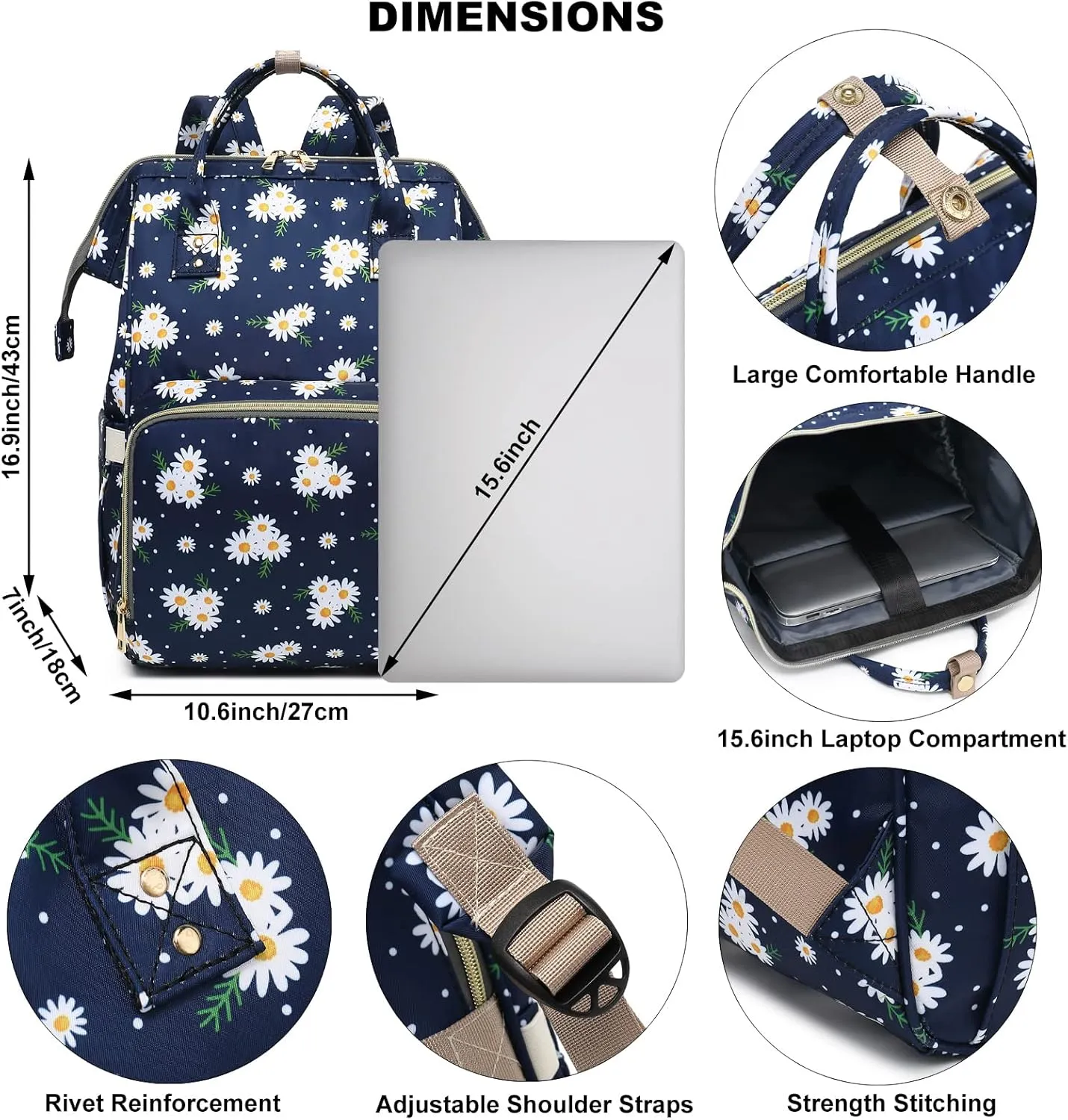 Daisy Laptop Backpack for Women, College Bookbag School Backpack Work Business Travel 15.6 Inch Computer Backpacks
