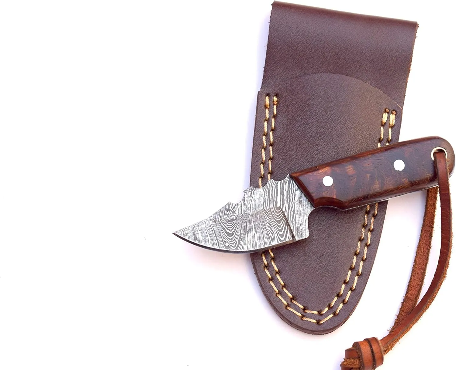 Damascus Steel EDC Knife 4.5inch Fixed Blade Mini for Skinning,Survival,Camping and Outdoor Enthusiasts with Natural Handle Leather Sheath Brand By (WOOD)