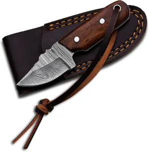 Damascus Steel EDC Knife 4.5inch Fixed Blade Mini for Skinning,Survival,Camping and Outdoor Enthusiasts with Natural Handle Leather Sheath Brand By (WOOD)