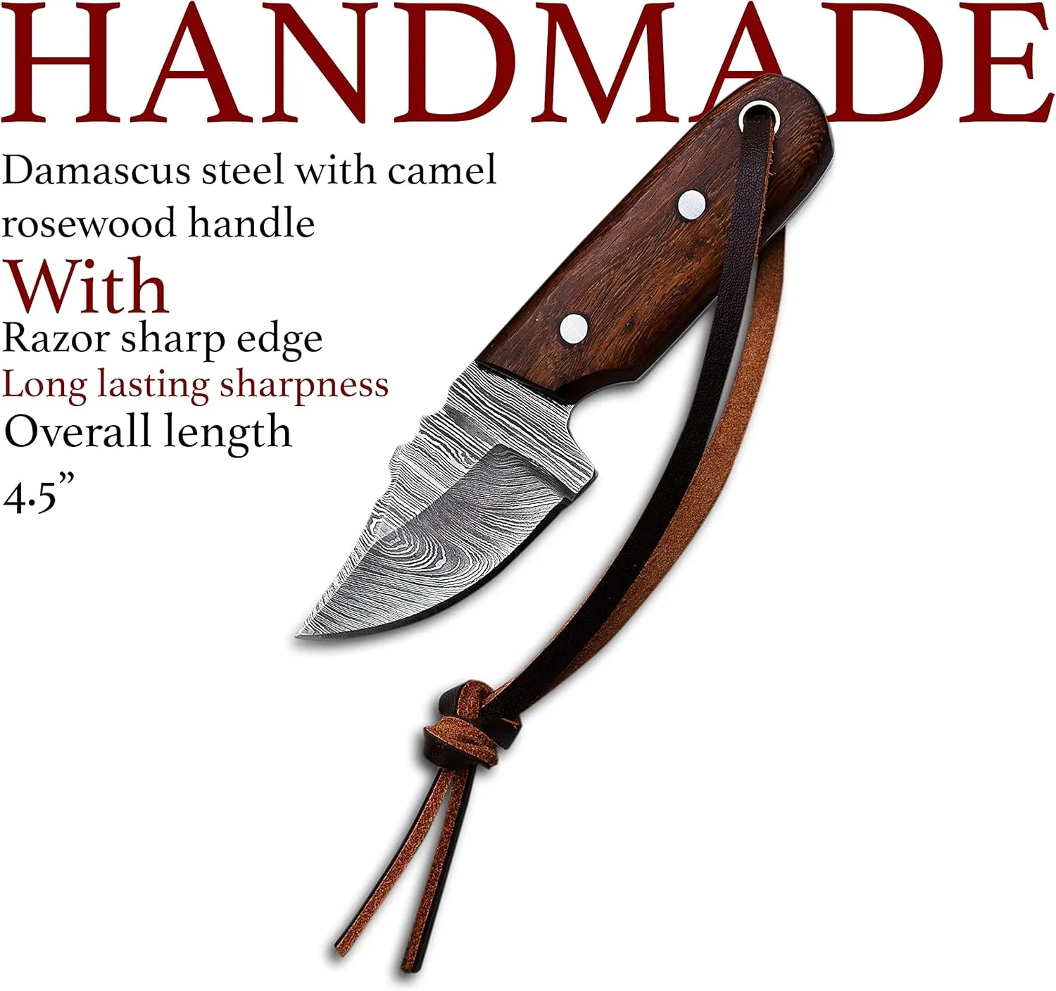 Damascus Steel EDC Knife 4.5inch Fixed Blade Mini for Skinning,Survival,Camping and Outdoor Enthusiasts with Natural Handle Leather Sheath Brand By (WOOD)