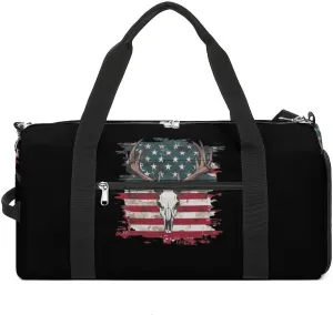 Deer Skull U.S. Flag Unisex Gym Bag Waterproof Sports Duffels Travel Gear With Laundry Shoe Compartment