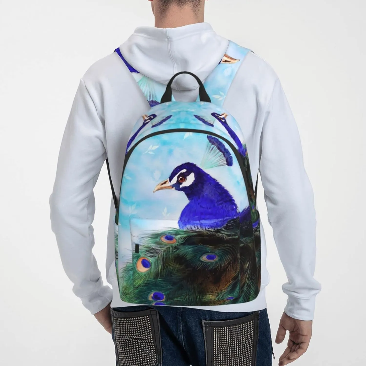 Delerain 16 Inch Backpack Blue Peacock Laptop Backpack School Bookbag Full Print Shoulder Bag Travel Daypack