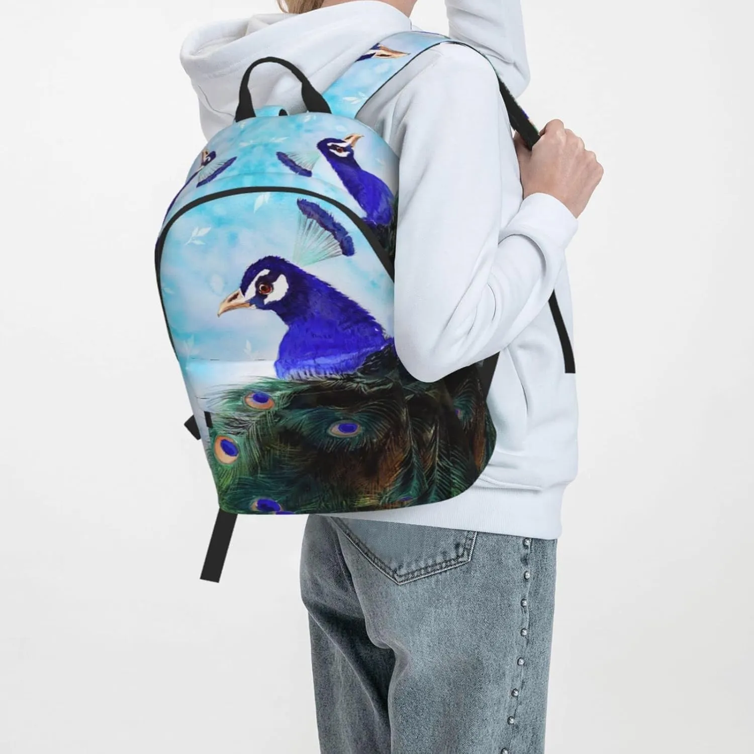 Delerain 16 Inch Backpack Blue Peacock Laptop Backpack School Bookbag Full Print Shoulder Bag Travel Daypack