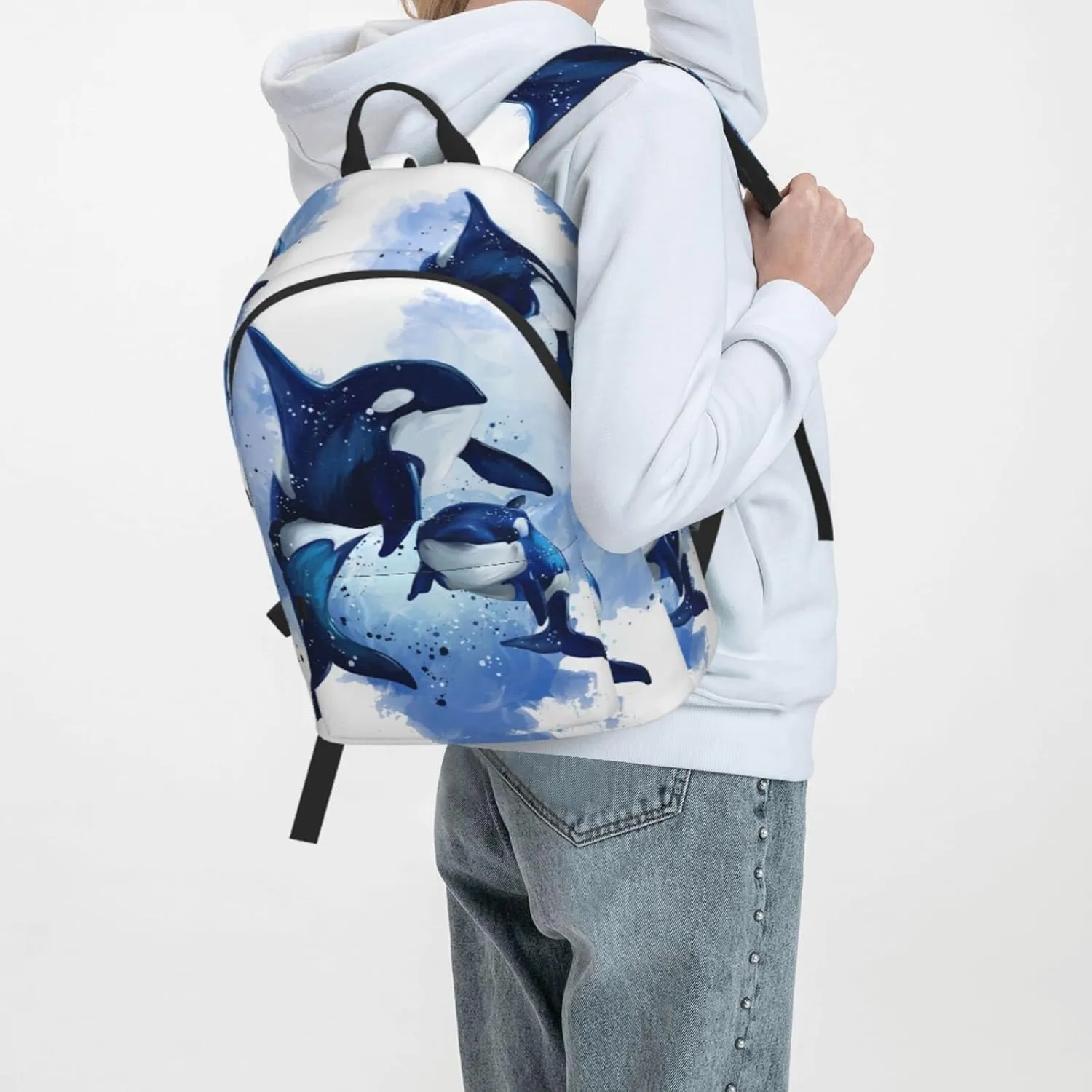 Delerain 16 Inch Backpack Two Killer Whales Laptop Backpack School Bookbag Full Print Shoulder Bag Travel Daypack