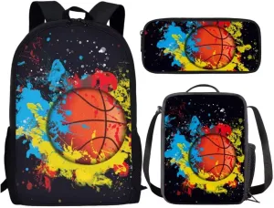 Dellukee Lightweight Backpacks For Elementary School Kids Boys Girls Backpack With Lunch Bag Pencil Case Basketball Tie Dye Print