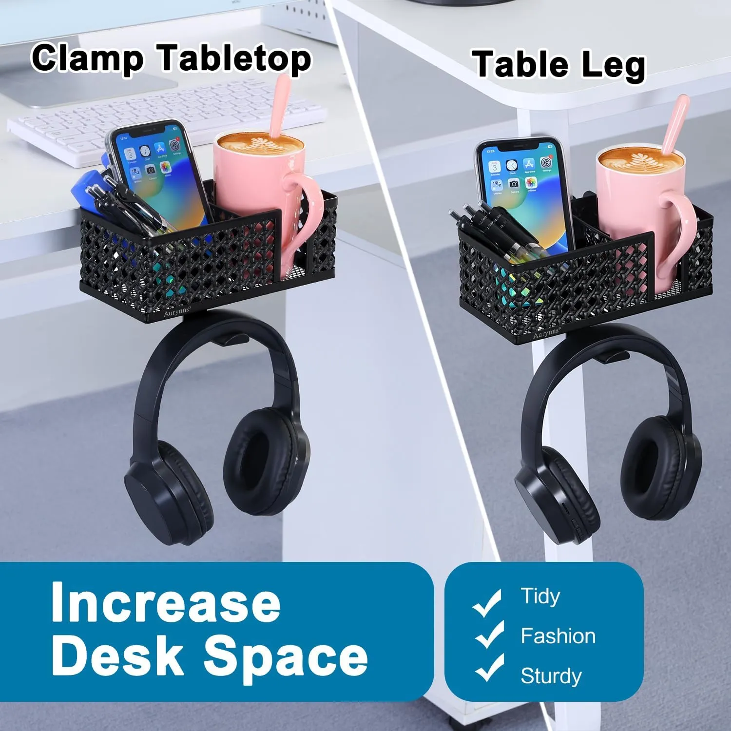 Desk Cup Holder, Clip on Cup Hook, Pen Holder Clamp Desk Organizer Pencil Holder Phone Holder Desk Storage for Office School Home (Black)
