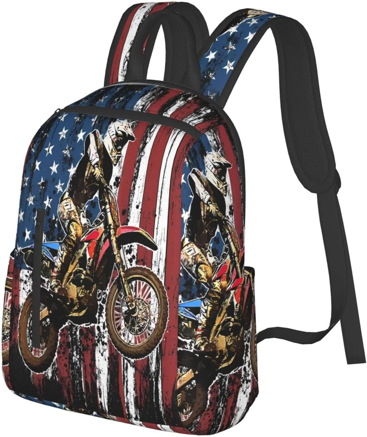 Dirt Bike Racing Motocross Race American Flag Casual Backpacks Laptop Backpack Outdoor Travel Rucksack Sport Carry-On Daypack Lightweight Bag with Multi-Pockets