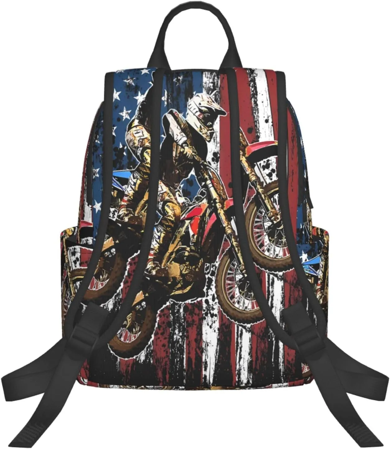 Dirt Bike Racing Motocross Race American Flag Casual Backpacks Laptop Backpack Outdoor Travel Rucksack Sport Carry-On Daypack Lightweight Bag with Multi-Pockets