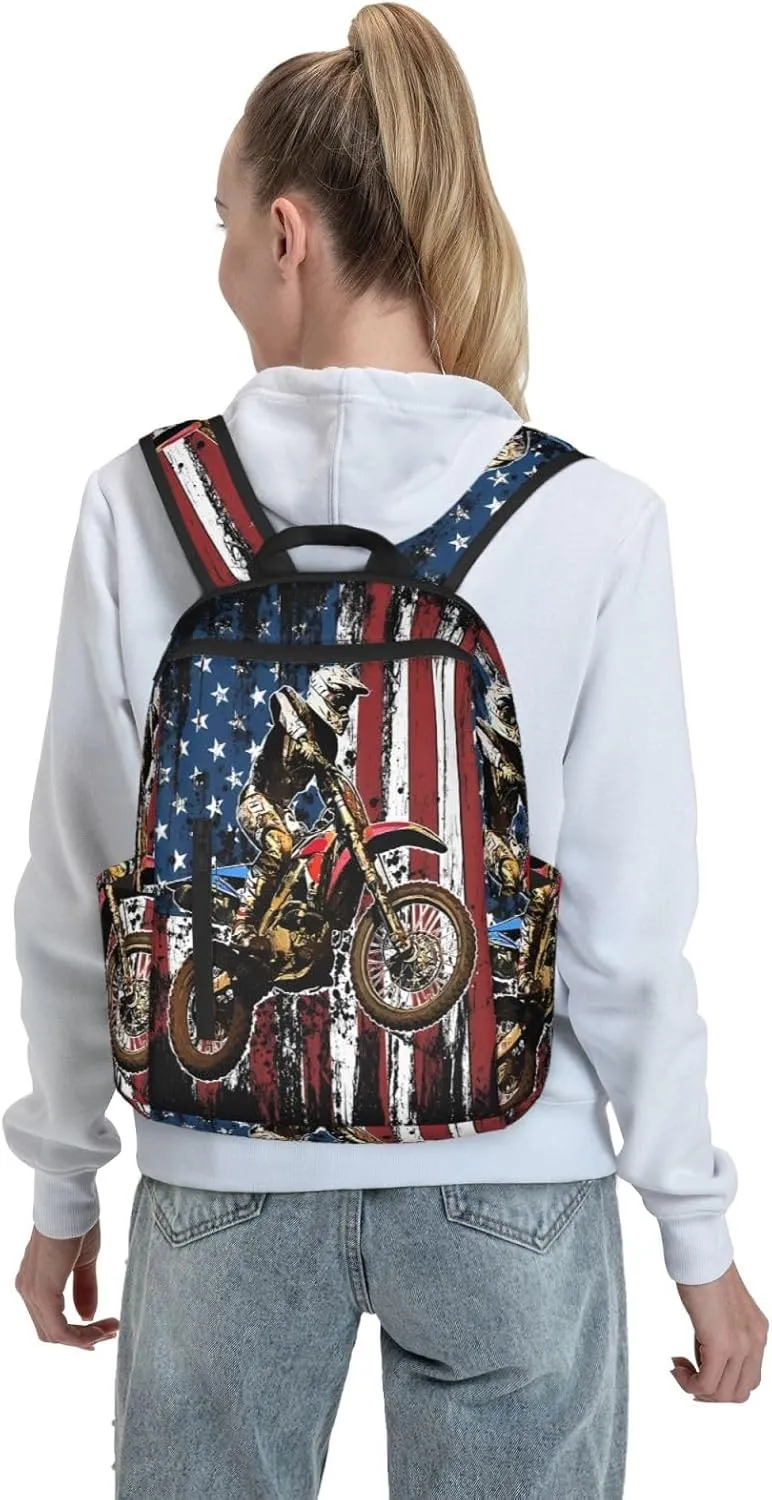 Dirt Bike Racing Motocross Race American Flag Casual Backpacks Laptop Backpack Outdoor Travel Rucksack Sport Carry-On Daypack Lightweight Bag with Multi-Pockets