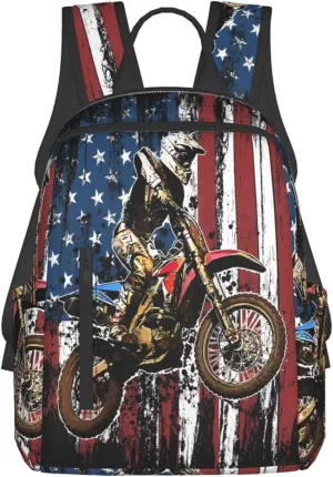 Dirt Bike Racing Motocross Race American Flag Casual Backpacks Laptop Backpack Outdoor Travel Rucksack Sport Carry-On Daypack Lightweight Bag with Multi-Pockets